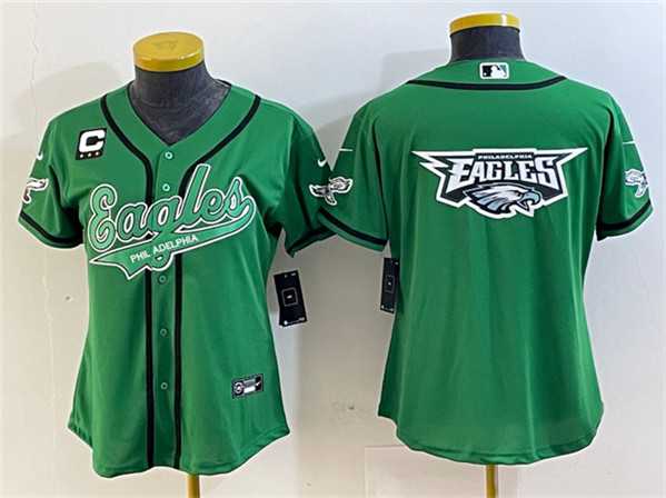 Womens Philadelphia Eagles Green Team Big Logo With 3-Star C Patch Cool Base Stitched Baseball Jersey(Run Small)->women nfl jersey->Women Jersey